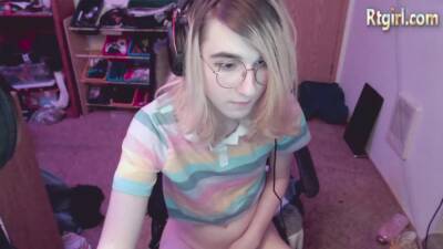 slim teen femboy in glasses tugs her big dick on webcam - ashemaletube.com - Usa