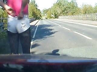 Amateur crossdresser in lingerie on a road - ah-me.com